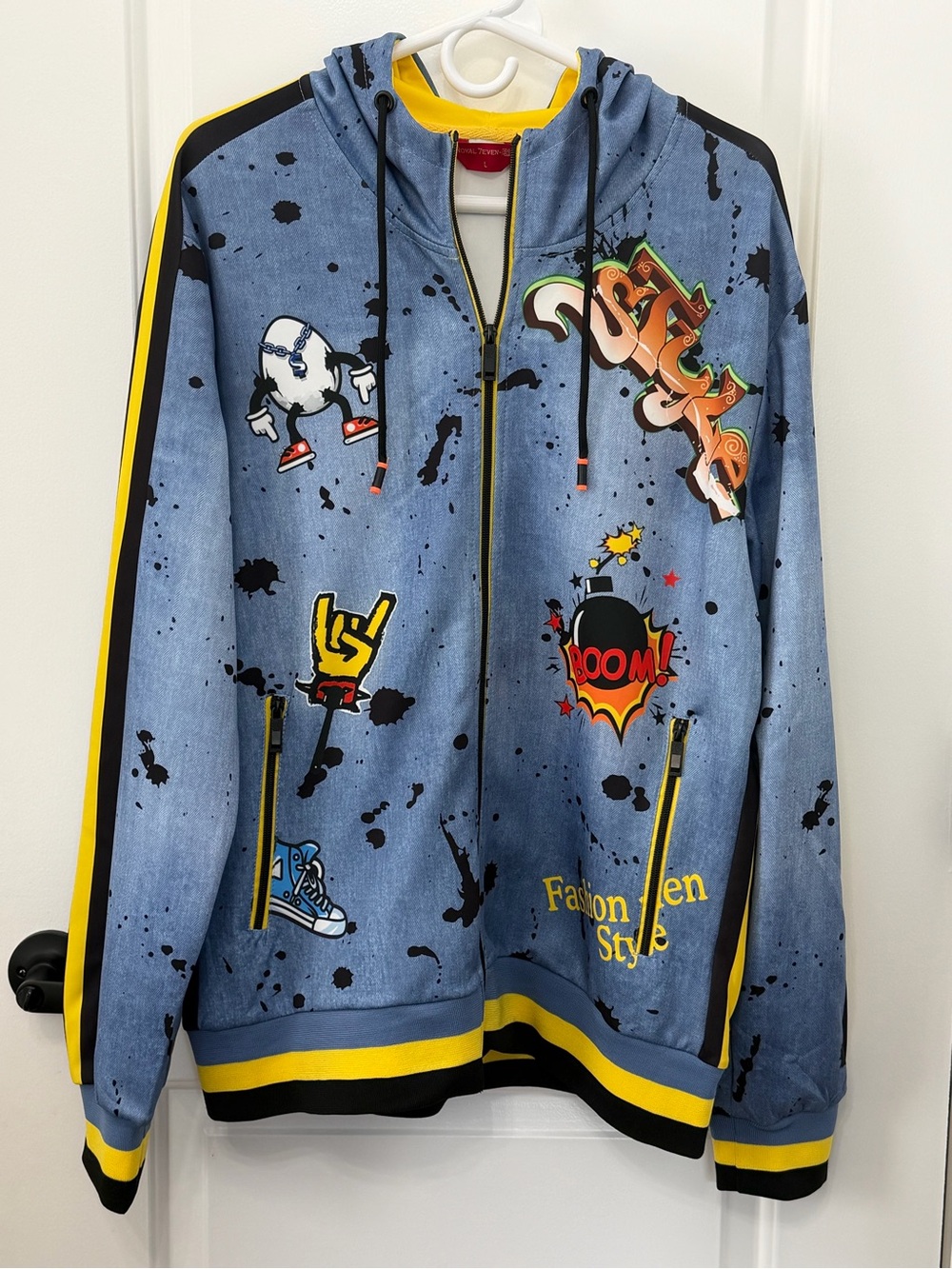 Royal 7even RS7 Graffiti Zip Up Hoodie Men's L Blue Denim Print Paint Splatter